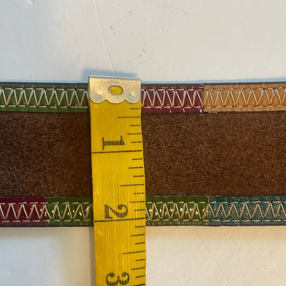 Brown Genuine Suede Leather Belt with Multcolor Trim Womens Small Wide Boho - Picture 8 of 9